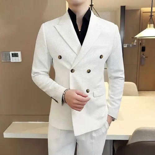 WHITE / Asia XL 64-69KG (Jacket+Pants) Men Blazers High Quality Double Breasted Business Suits/Male Slim Fit Waffle Groom's Wedding Dress Casual Tuxedo