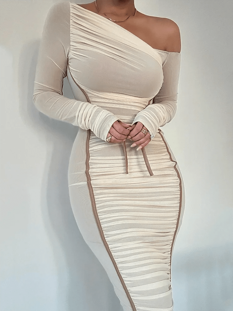 White / S Mozision Diagonal Collar Long Sleeve Midi Dress For Women Two Layer Mesh Backless Ruched Bodycon Club Party Sexy Long Dress