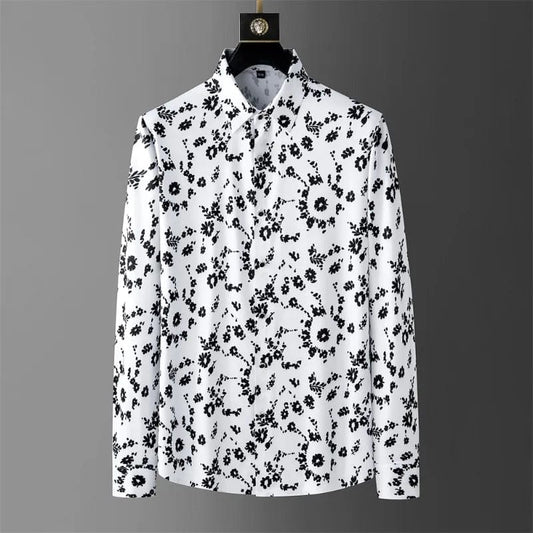 WHITE / XL Brand Flower Print Shirt Men's 2024 Spring Long Sleeved Slim Casual Business Dress Shirts Social Party Streetwear Tuxedo Blouse