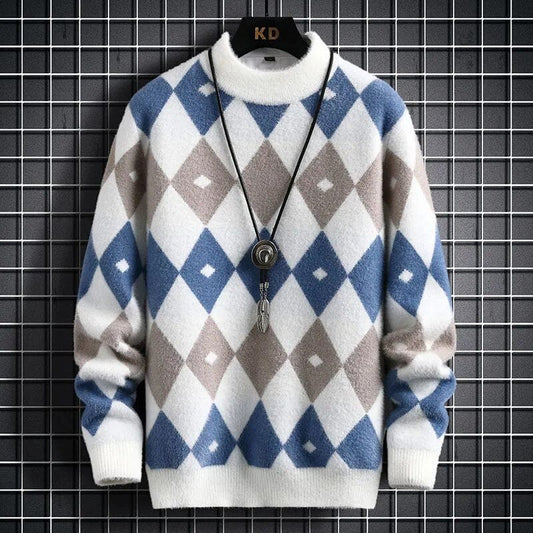 White / XS Argyle Sweater - Elevate Your Style: Colour-Blocked Half Turtleneck Warm Sweater - Long Sleeve Loose Knit Pullover