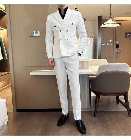 White / XS (Jacket & Pants) Premium Double-Breasted Men's Business Suit: Tailored Set for Groom's Wedding Dress or Casual Tuxedo Look