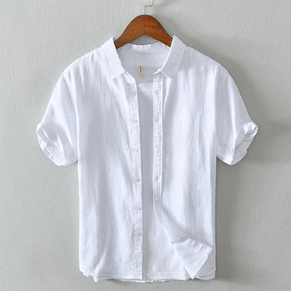 White / M Men's Summer Streetwear Linen Shirt - Casual Short Sleeve Solid Color Breathable Slim Fit Top