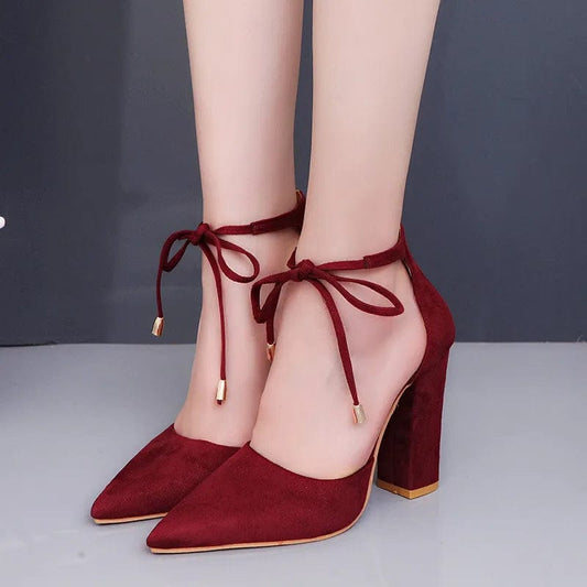 Wine Red / 34 Sexy Pointed Toe Ladies Shoes Square High Heels Lace Up Women Pumps 2023 Wedding Strap Blue Woman Shoes Zapatos Mujer Size 43