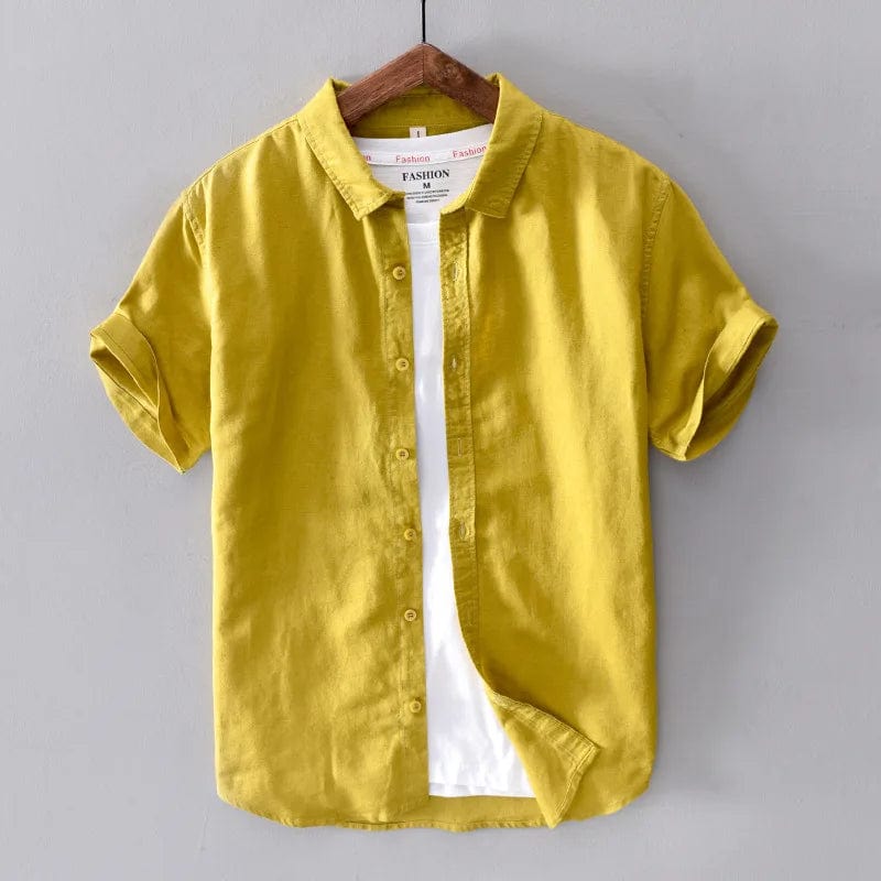 Yellow / M Cotton Linen Short Sleeve Shirts For Men Casual Fashion Yellow Turn Down Collar Tops Male Summer Classic Basic Clothing Y2439