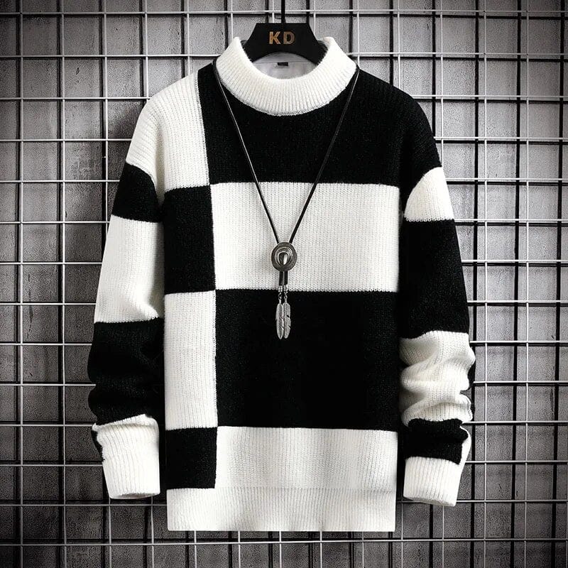 White collar Black / XS Patchwork Sweater - Elevate Your Style: Men Casual Patchwork Colour Knitted Pullover Plaid Round Neck Sweater Man
